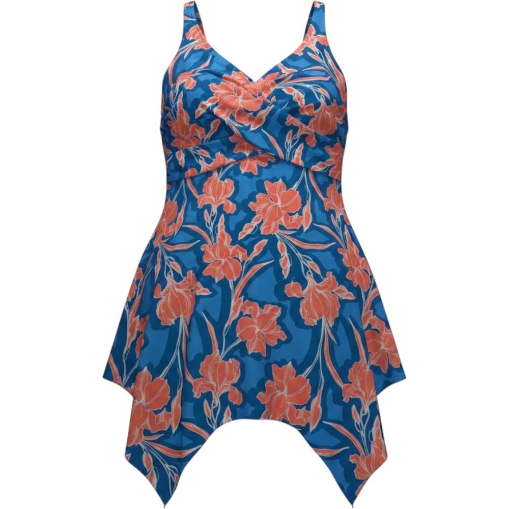 D&Co Beach Women Blue Coral Floral Handkerchief Hem Swim dress Size 14